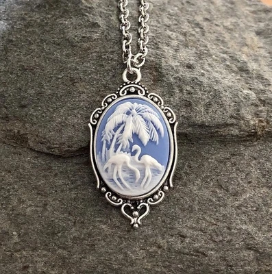 Blue Pink Flamingo Birds Cameo Necklace Pendant,  White/Blue,  Any Length Chain - Image 1 of 4