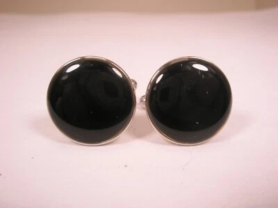 Gemelos vintage redondos de piedra negra de 11/16" y tono plateado Foto 1 de 4