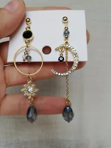 Mond Kristall Ohrringe Asymmetrische Ohrringe 925 Sterlingsilber Pin Gold Neu - Bild 1 von 10