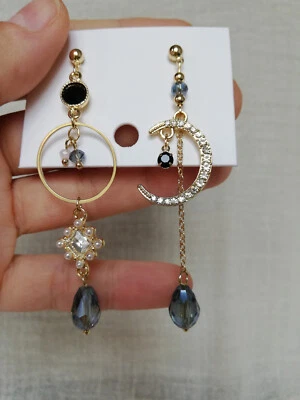 Mond Kristall Ohrringe Asymmetrische Ohrringe 925 Sterlingsilber Pin Gold Neu - Bild 1 von 4