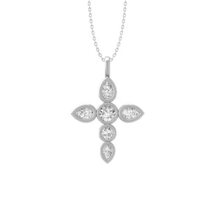 1Ct Lab Grown Diamond Cross Pendant 18" Silver Cable Chain In 14K White Gold - Picture 1 of 7