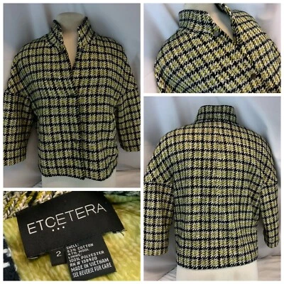 Chaqueta Blazer Etcetera Talla 2 Negro Dorado Tweed Algodón Lana Manga 3/4 YGI J1-129�� Foto 1 de 4