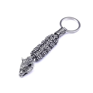 Mens Viking Wolf Head Key Chain Key Ring Stainless Steel Umbrella Rope Knitted - Picture 1 of 14