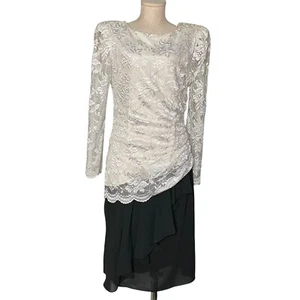 Vintage Unbranded Women Dress Long Sleeve A Line Ruched White Lace Black 11 / 12 - Picture 1 of 9