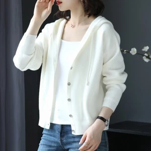 Lady Hooded Knitted Coat Jacket Cardigan Sweater Knitwear Slim Outerwear White - Picture 1 of 19