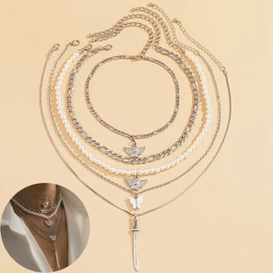 Fashion Party Jewelry Necklace Women Multi-layer Chain Butterfly Pendant Punk - Picture 1 of 14