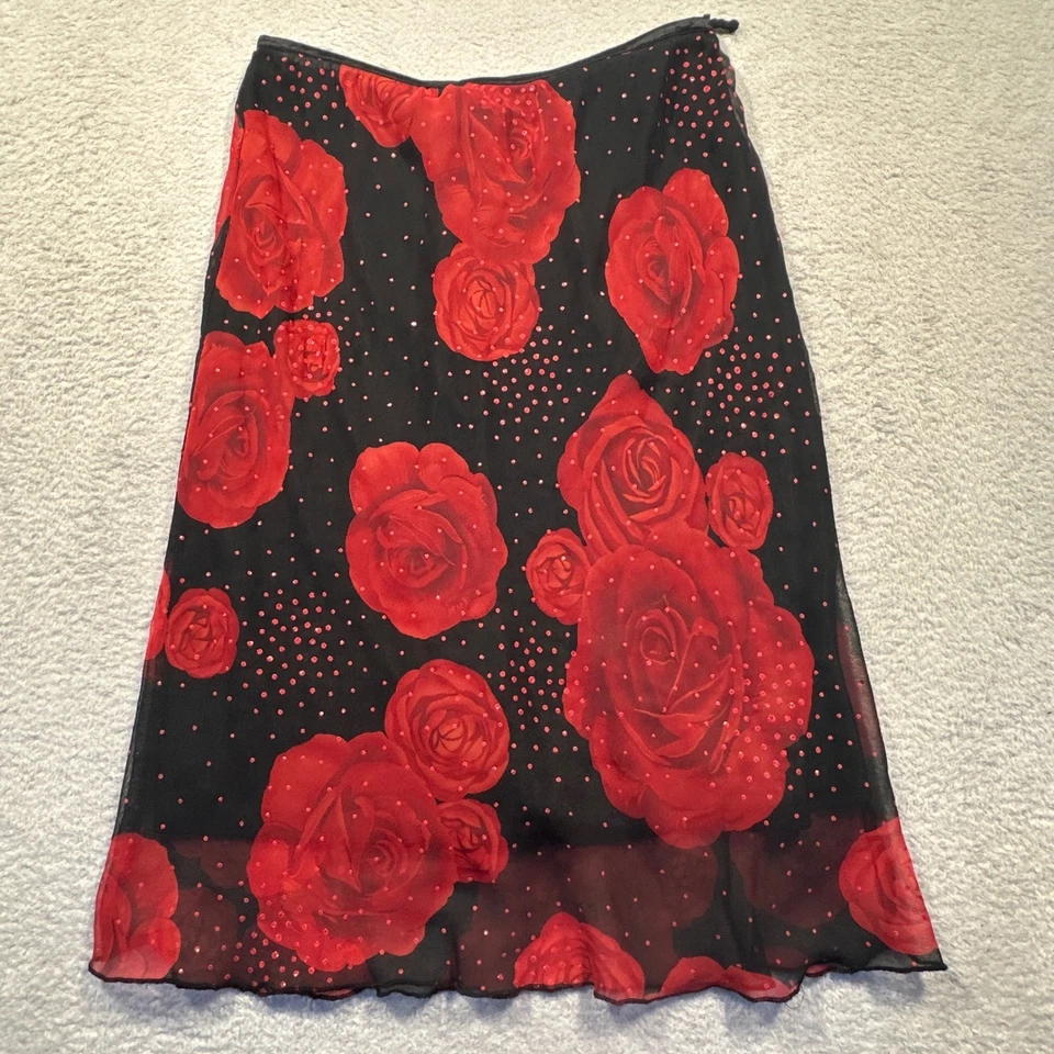 Falda midi transparente vintage Y2K Exact Change negra roja con estampado de rosas para mujer talla L Foto 1 de 4