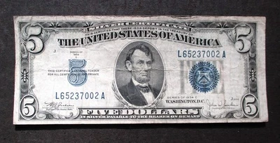 5 DOLLARS 1934 C SILVER CERTIFICATE NOTE OF UNITED STATES L65237002A ~ BLUE SEAL - Image 1 of 3