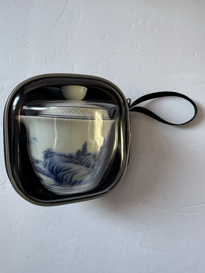 Conjunto de chá portátil de viagem cerâmica porcelana Gaiwan com tampa, xícaras de chá, estojo de transporte - Imagem 1 de 4