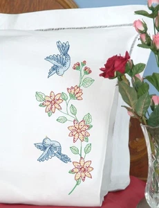 Embroidery ~ Jack Dempsey Needle Art Birds & Flowers Pillowcase Pair #1600-31 - Picture 1 of 4