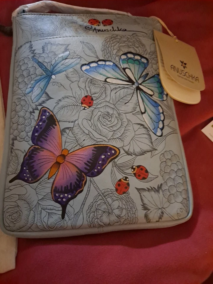 Raro! Anuschka Novo com etiquetas tiracolo de couro pintado borboleta melodia azul pronto para presente - Imagem 1 de 4