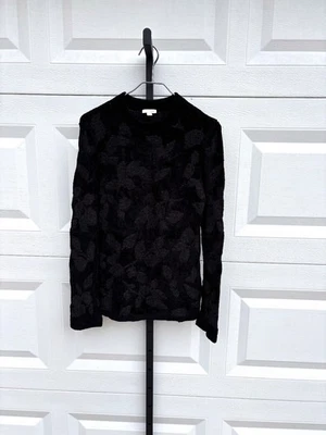 J Jill 黑色花卉叶子印花雪尼尔纹理毛衣 XS 朋克哥特 — 第 1/4 张图片