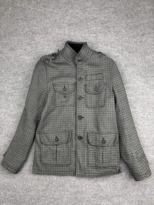 Chaqueta Guess Mujer Pequeña Gris Pata de Gallo Militar Utilidad Mezcla Lana Abrigo Foto 1 de 4