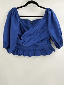Express Blue Puff Sleeve Peplum Blouse Smocked Ruffle Hem Draped Front Top large - Picture 1 of 13
