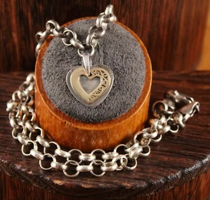 Heart LOVE Necklace Rolo Chain Two-Tone 10k Yellow Gold & Sterling Silver 17" - Picture 1 of 12