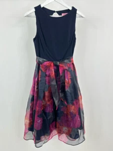 ELIZA J Size 10 Navy Floral Print Women Fit N Flare Belted Tulle Skirt Dress - Picture 1 of 4