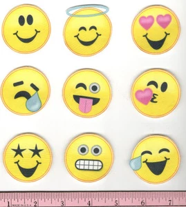 EMOJI fabric iron-on appliques NO SEW 9 pcs EMOTICON 2" Happy Crying Angel Silly - Picture 1 of 1