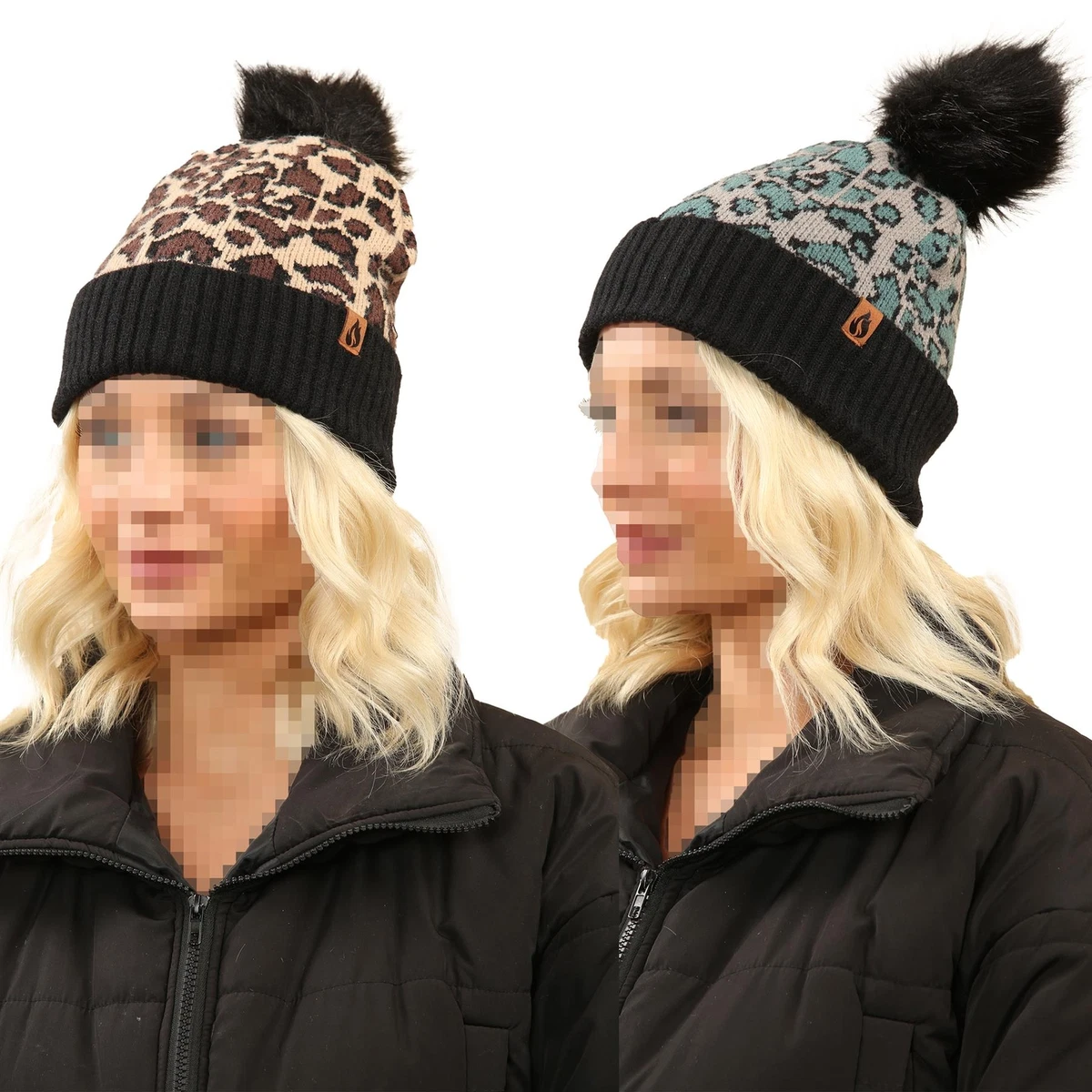 SILVERFEVER Women's Cashmere Blend Beanie - Slouchy Pom Pom Winter Hat, Taupe Leopard - View #8