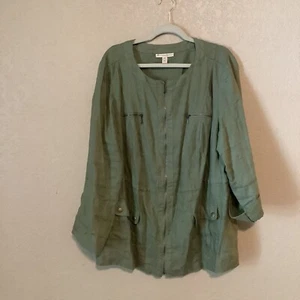 JM Collection Woman Jacket 20W Green 100% Linen Full Zip Utility Cargo Pockets - Picture 1 of 17