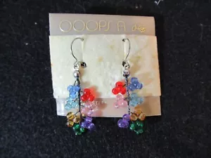 Vintage Pastel Plastic Flower Beaded Dangle Earrings OOOPS A NOS 1 1/4" - Picture 1 of 2