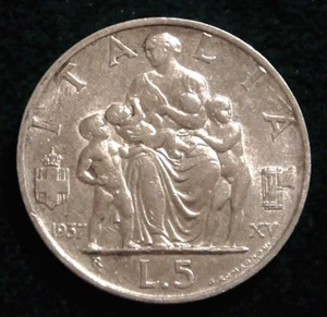 King Vittorio Emanuele III 5 LIRE 1937 Rare Silver Empire - Picture 1 of 2