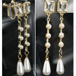 CLIP ON PEARL&CRYSTAL square glass EARRINGS non-pierced 6cm long VINTAGE STYLE - Picture 1 of 6