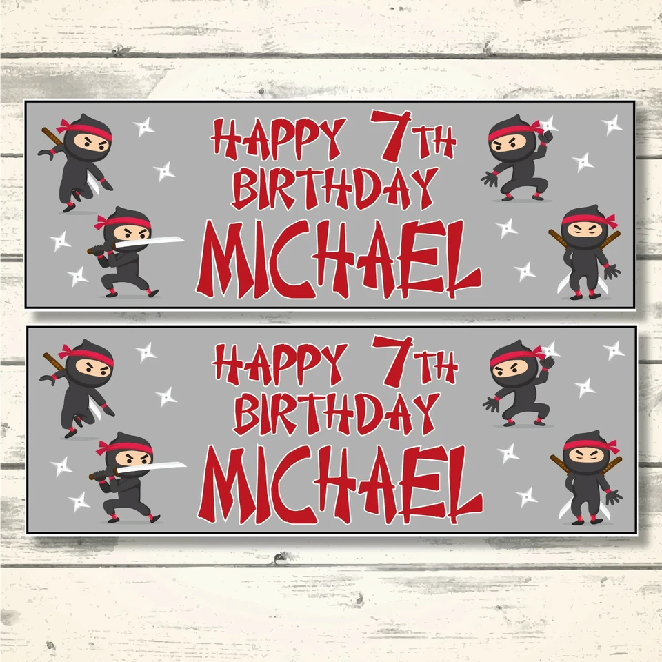 2 BANDERAS DE CUMPLEAÑOS NINJA NEGRAS PERSONALIZADAS - NINJA GUERRIOR - CUALQUIER NOMBRE/EDAD Foto 1 de 1