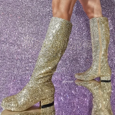 Mujeres Brillo Punta Redonda Tacón Bajo Dorado Cremallera Media Pantorrilla Botas Bling Bling Talla Zapatos Foto 1 de 4
