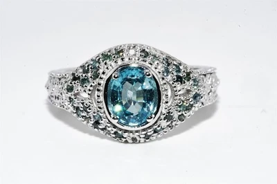 $395 .925 Sterling Silver 1.27CT Natural Oval Cut Zircon & Blue Diamond Ring - Image 1 of 4