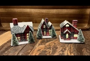 Martha Stewart LED Lighted Ornament Trio of Putz Houses Village Buffalo Plaid - Picture 1 of 11
