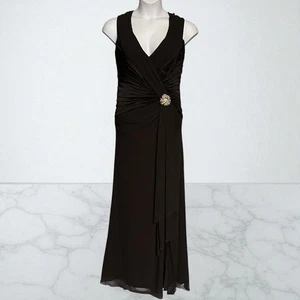 Vintage Y2K Tadashi Silk Evening Gown 12 Rhinestone Brooch V Neck Ruched Dress - Picture 1 of 12