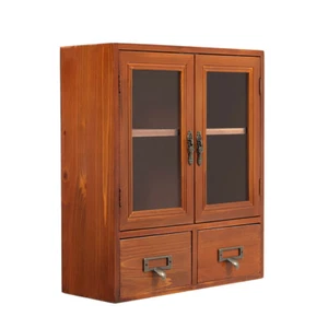 Vintage 2 Door Cupboard Wood Display Shelf Desktop with 2 Drawer Storage Cabinet - Picture 1 of 7