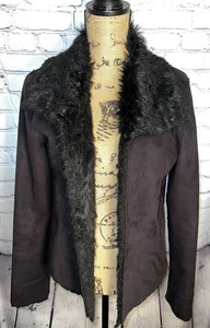 Womens Black Faux Suede Fur Trim Lined Jacket Small / Medium - Picture 1 of 15