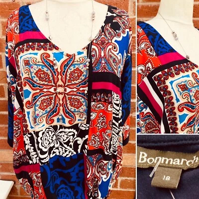 BNWT Bonmarche Size 18 Navy Blue Tan Blouse Holiday Drawstring Waist S1 - Image 1 of 4