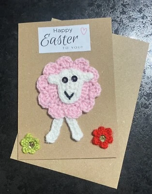 🐑 🌺 NEW Cute Hand Crochet Easter Lamb card & Envelope Sheep flower  sequins - Image 1 of 4