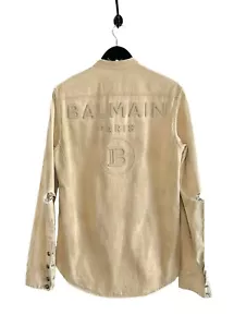 Balmain Beige 3D Logo Distressed Denim Snap Shirt - SMALL - Picture 1 of 9
