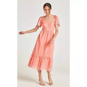 Thought Andrina Tiered Midi Dress Size 14 Organic Cotton Broderie Anglaise - Picture 1 of 10