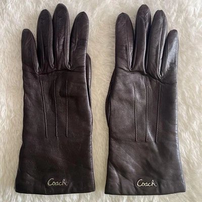 Guantes de cuero Coach marrón piel de oveja logotipo cachemir accesorios de metal Foto 1 de 4