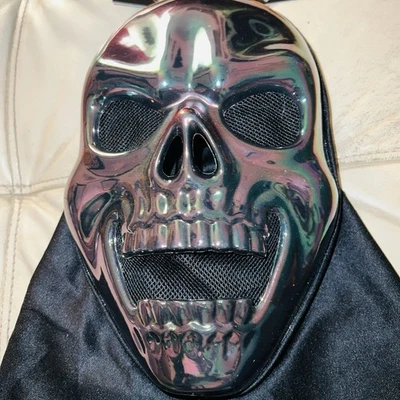 Vintage Iridescent Skull Skeleton Mask Halloween Black Hood 1990’s NWT - Image 1 of 4