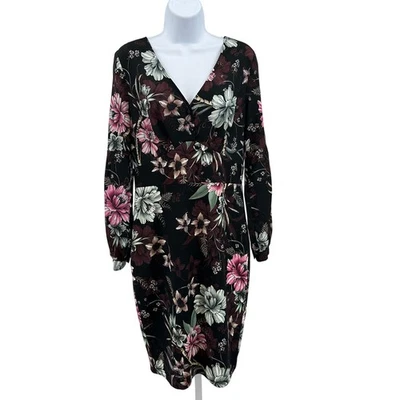 Vestido Floral Badgley Mischka Manga Larga WMN 6 Negro Oscuro Romántico Cóctel Midi Foto 1 de 4