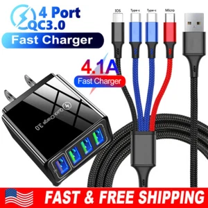 4 Port USB Fast Quick Charge& 4 in 1 Cable For Samsung S24 S23 S22 S21 S20 Ultra - Picture 1 of 20