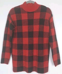 LOFT Sweater Womens M Petite Red & Black Buffalo Plaid Mock Neck Wool Blend - Picture 1 of 8