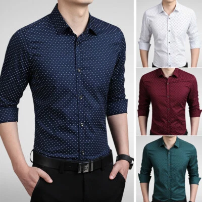 Mens Dress Shirts Long Sleeves Luxury Casual No Iron Slim Polka Dot Shirts Tops - Image 1 of 4