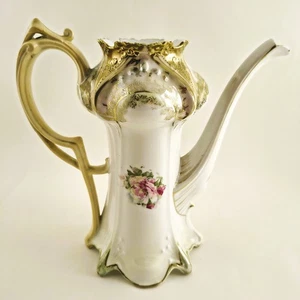 RS Prussia Porcelain Rose Floral Teapot Less Lid Gold Trim No Chip or Crack VTG - Picture 1 of 13