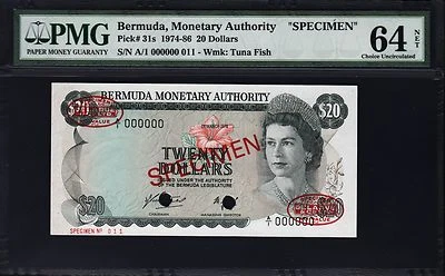Bermuda 20 Dollars 1976, Specimen, A/1 000000 With TDLR SEAL, PMG 64, P-31s - Image 1 of 2