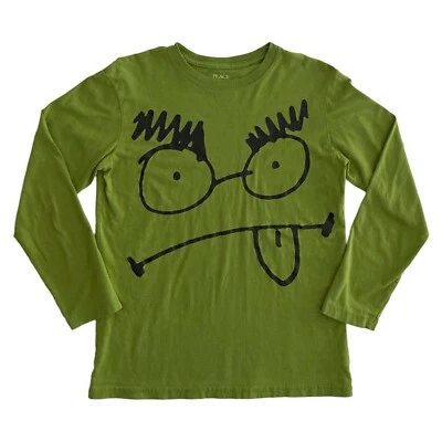 Camiseta Place Niños Grande 10/12 Manga Larga Camiseta Verde Divertida Cara Monstruo Dibujo Foto 1 de 4