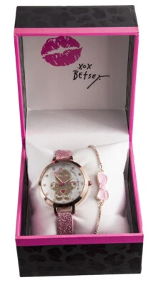 Reloj y pulsera Betsey Johnson esfera pan de jengibre correa de cuero oro rosa 26894RGD Foto 1 de 4