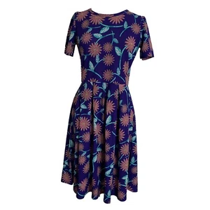 Lularoe Amelia Womens Dress Size Medium Purple Floral Fit Flare Zip Back Stretch - Picture 1 of 6
