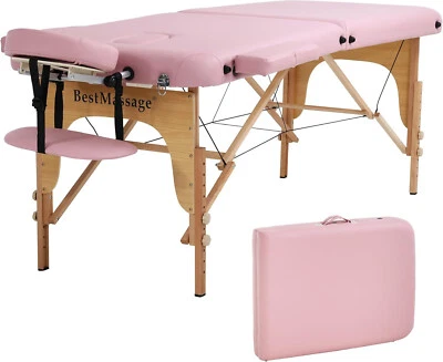 Mesa de Masaje Portátil 2 Hojas Plegables 73" Altura Ajustable Medio Refuerzo,Rosa Foto 1 de 4