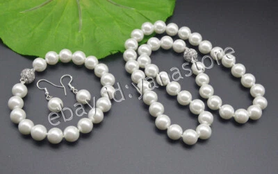 6-14mm Weiß Südsee Muschel Perle Rund Perlen Halskette Armband Ohrringe Satz - Bild 1 von 4